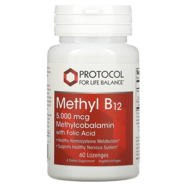 Метилкобаламін з фолієвою кислотою, Methyl B12, Protocol for Life Balance, 5000 мкг, 60 пастилок