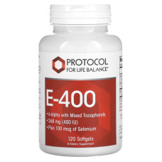 Вітамін Е, E-400, Protocol for Life Balance, змішані токофероли та селен, 268 мг (400 МО), 120 гелевих капсул