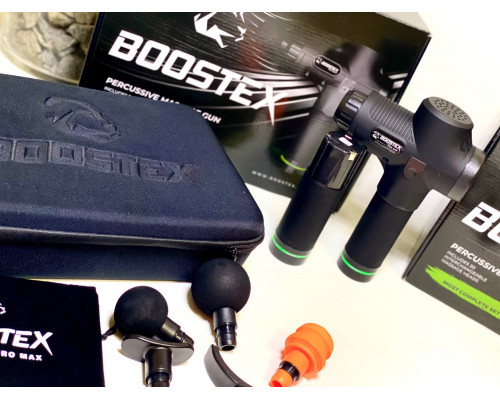 Нова модель 2024 року! Перкусійний масажер Boostex (Massage Gun) – 30 режимів, 20 насадок, змінна батарея 2500 мАг, зручний кейс.