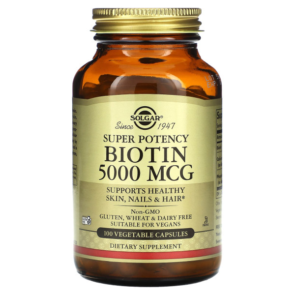 Біотин, Biotin, Solgar, 5000 мкг, 100 рослинних капсул