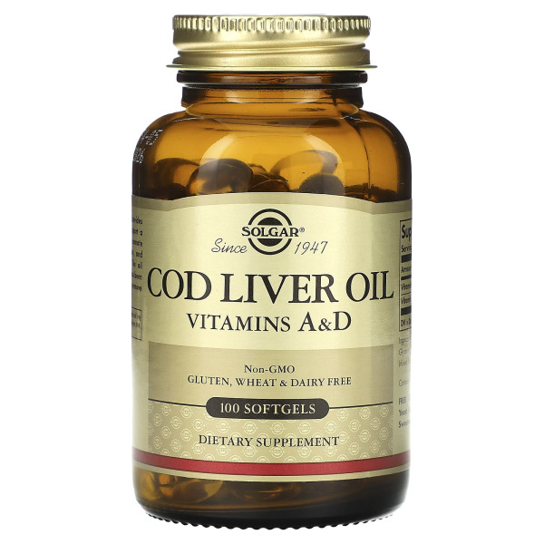 Вітамін А і  D з олії печінки тріски, Cod Liver Oil, Vitamins A & D, Solgar, 100 гелевих капсул