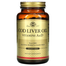 Вітамін А і D з олії печінки тріски, Cod Liver Oil, Vitamins A & D, Solgar, 250 гелевих капсул