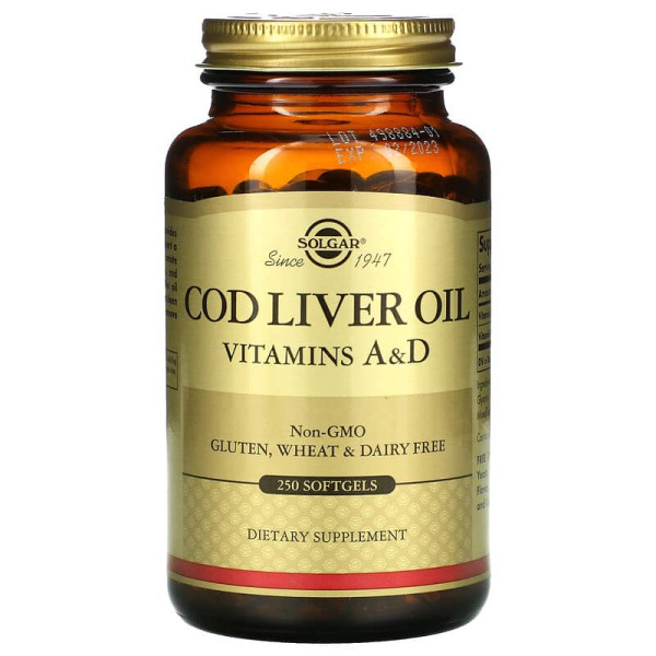 Вітамін А і D з олії печінки тріски, Cod Liver Oil, Vitamins A & D, Solgar, 250 гелевих капсул