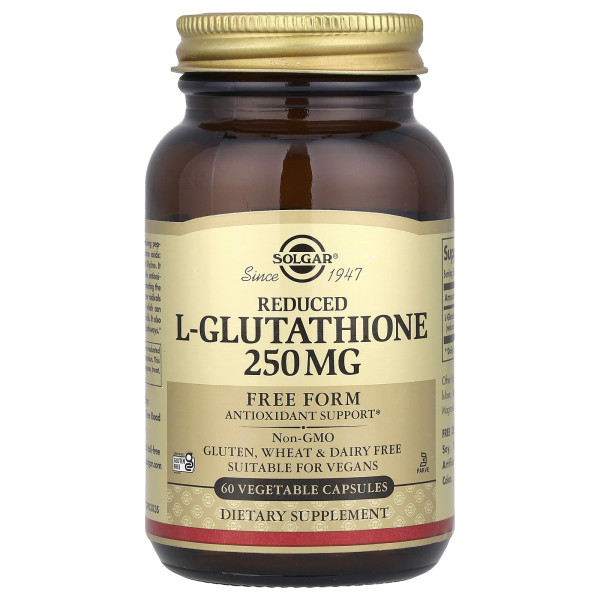 Глутатіон, L-Glutathione, Solgar, знижений, 250 мг, 60 рослинних капсул
