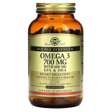 Омега-3, риб'ячий жир, Omega-3, EPA & DHA, Solgar, подвійна сила, 700 мг, 120 гелевих капсул