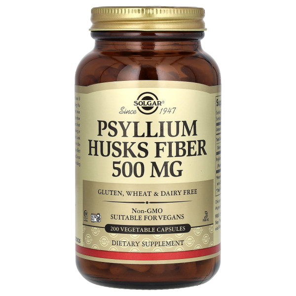 Подорожник, Psyllium Husks Fiber, Solgar, клітковина лушпиння, 500 мг, 200 вегетаріанських капсул
