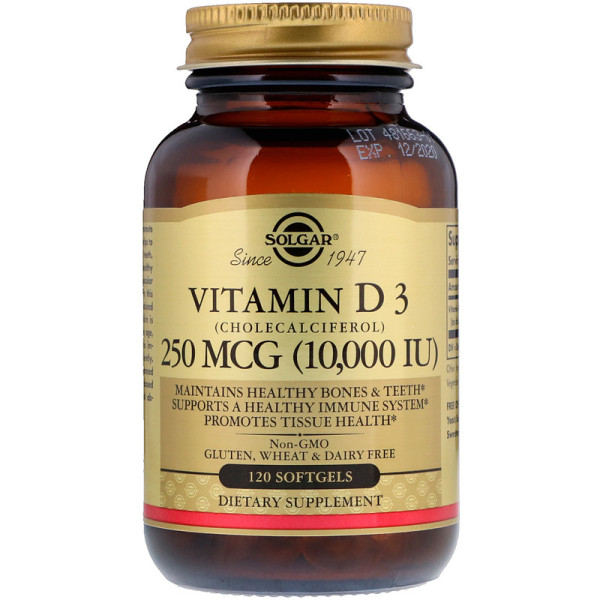 Вітамін D3 (холекальциферол), Vitamin D3 (Cholecalciferol), Solgar, 250 мкг (10000 МО), 120 гелевих капсул