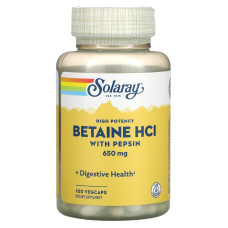 Бетаїн HCl + пепсин, Betaine HCL with Pepsin, Solaray, високоефективний, 650 мг, 100 вегетаріанських капсул