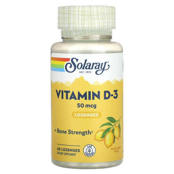 Вітамін D-3, Vitamin D-3, Solaray, 50 мкг, смак лимона, 60 льодяників