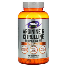 Аргінін та цитрулін, Arginine & Citrulline, Now Foods, Sports, 500 мг/250 мг, 240 вегетаріанських капсул