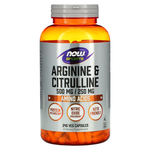 Аргінін та цитрулін, Arginine & Citrulline, Now Foods, Sports, 500 мг/250 мг, 240 вегетаріанських капсул