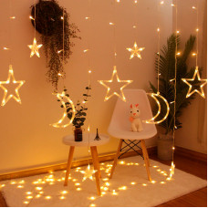 Новогодняя светодиодная гирлянда штора 3*1 метр Месяц и звезда Теплый свет