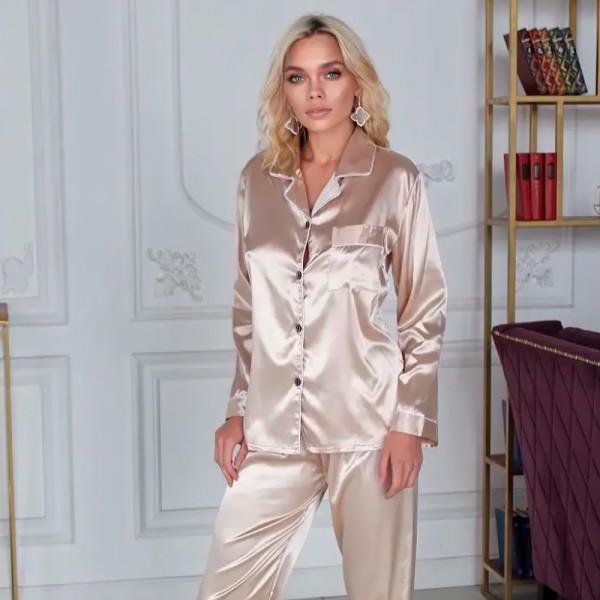 Комплект женской пижамы 806 Светло-бежевый рубашка с длинным рукавом и штанами одежда для дома 2XL