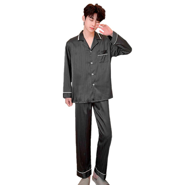 Шелковый комплект мужской пижамы TX0030 Черный рубашка с длинным рукавом и штанами атласная 2XL