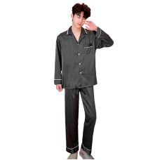 Шелковый комплект мужской пижамы TX0030 Черный рубашка с длинным рукавом и штанами атласная 3XL