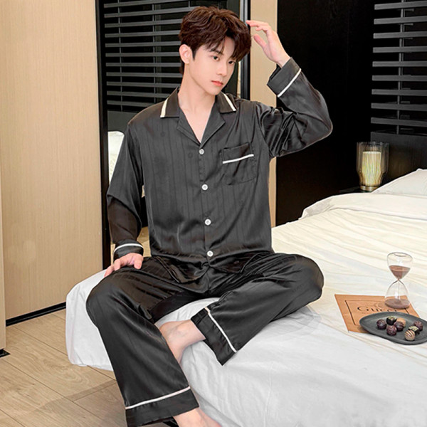 Шелковый комплект мужской пижамы TX0030 Черный рубашка с длинным рукавом и штанами атласная 3XL