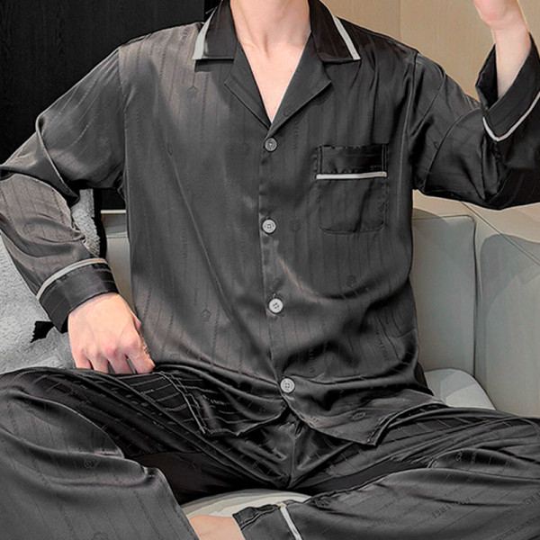 Шелковый комплект мужской пижамы TX0030 Черный рубашка с длинным рукавом и штанами атласная 3XL