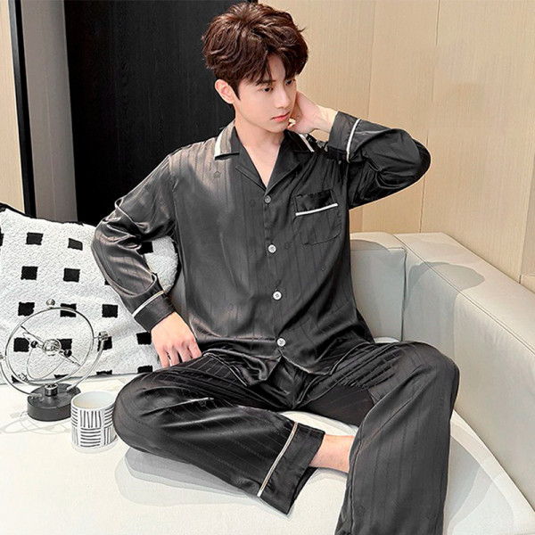 Шелковый комплект мужской пижамы TX0030 Черный рубашка с длинным рукавом и штанами атласная 3XL