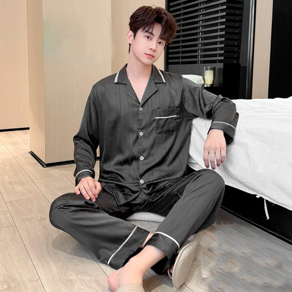 Шелковый комплект мужской пижамы TX0030 Черный рубашка с длинным рукавом и штанами атласная XL