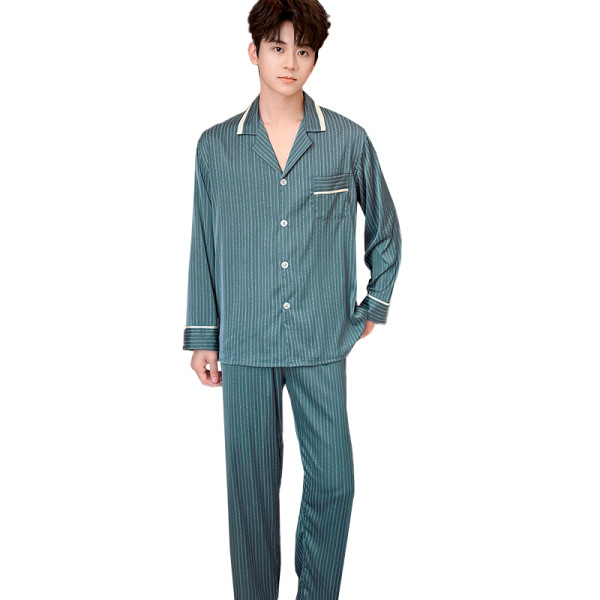 Шелковый комплект мужской пижамы TX0031 Зеленый рубашка с длинным рукавом и штанами атласная 2XL
