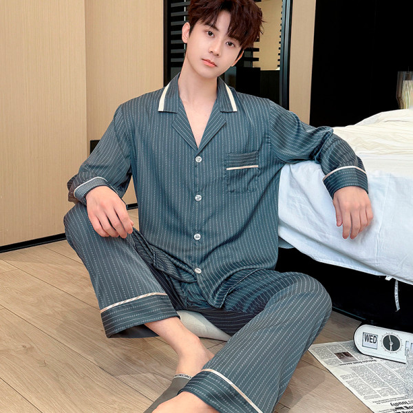 Шелковый комплект мужской пижамы TX0031 Зеленый рубашка с длинным рукавом и штанами атласная XL