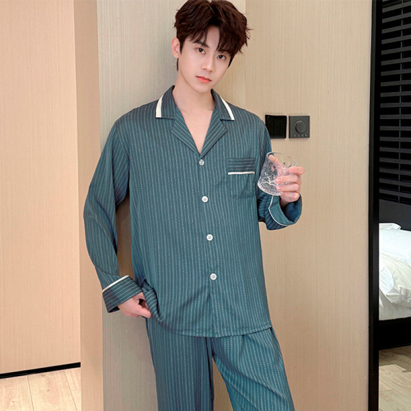 Шелковый комплект мужской пижамы TX0031 Зеленый рубашка с длинным рукавом и штанами атласная XL