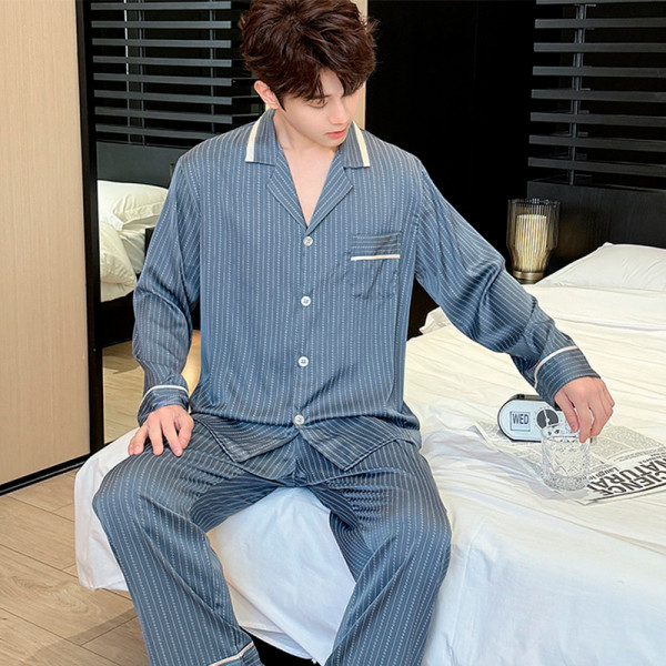 Шелковый комплект мужской пижамы TX0031 Синий рубашка с длинным рукавом и штанами атласная 3XL