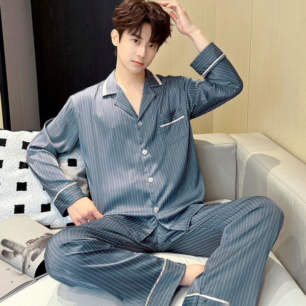 Шелковый комплект мужской пижамы TX0031 Синий рубашка с длинным рукавом и штанами атласная XL