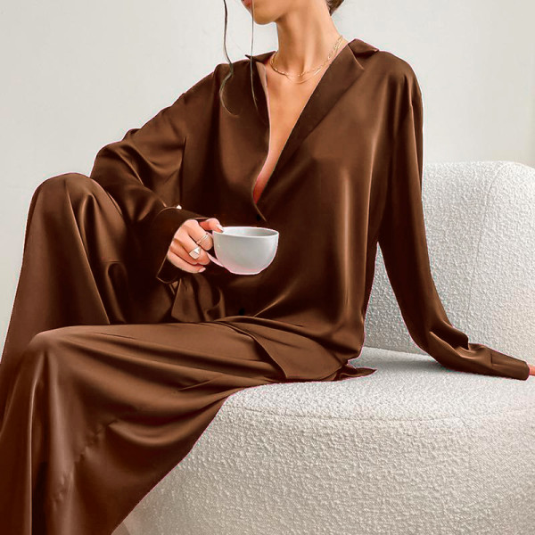 Женский шелковый комплект для дома и сна 2SYCK1315 рукашка и штаны женская пижама атласная Шоколадный S