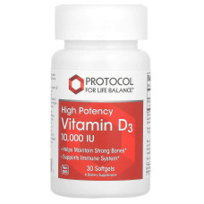 Вітамін D3, Vitamin D3, Protocol for Life Balance, висока ефективність, 10 000 МО, 30 гелевих капсул