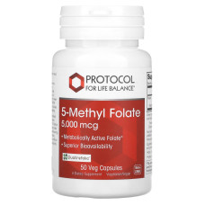 5-метил-фолат, 5-Methyl Folate, Protocol for Life Balance, 5000 мкг, 50 рослинних капсул