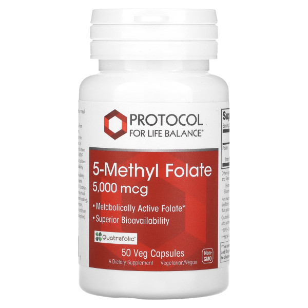 5-метил-фолат, 5-Methyl Folate, Protocol for Life Balance, 5000 мкг, 50 рослинних капсул