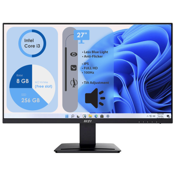 Моноблок Неттоп HP ProDesk 600 G3 s1151 (Core i3-6100T/ DDR4 8GB/ SSD256GB SATA/ Wi-Fi); Монітор 27" MSI PRO MP273A Black