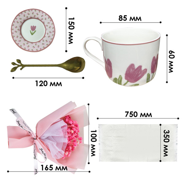 Сувенирный подарочный набор 7F7 чашка с блюдцем+ложка+полотенце+букет из гипсофилы Pink