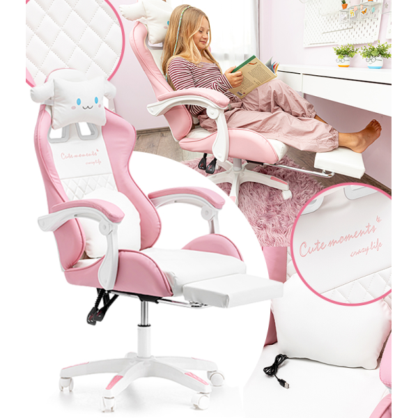 Дитяче геймерське крісло G892 з подушками та підставкою для ніг, Рожеве