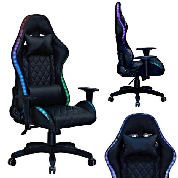 Геймерське комп'ютерне крісло з RGB-підсвічуванням, 2 ергономічними подушками та регулюванням кута нахилу спинки, Чорний (G400)