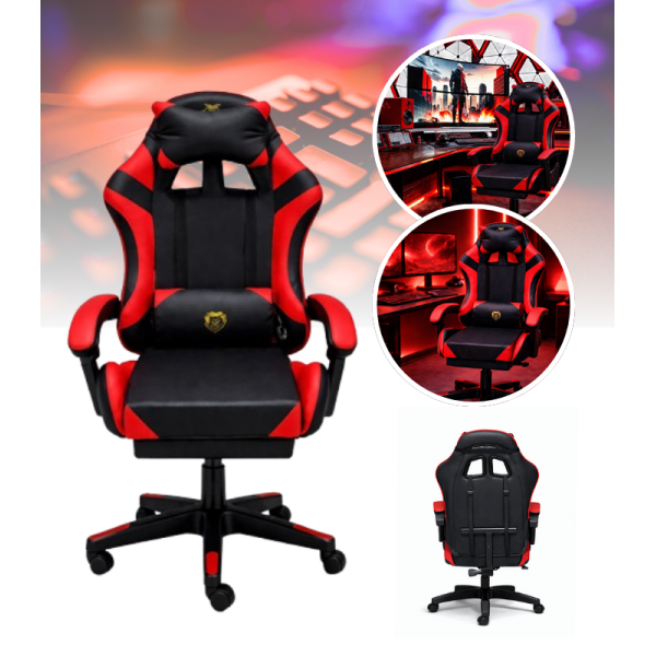 Геймерське крісло Primaveo з ергономічними подушками та висувною підставкою для ніг, Чорний/Червоний