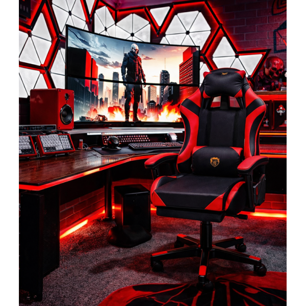 Геймерське крісло Primaveo з ергономічними подушками та висувною підставкою для ніг, Чорний/Червоний