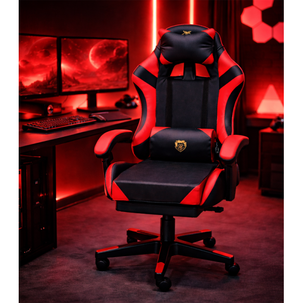 Геймерське крісло Primaveo з ергономічними подушками та висувною підставкою для ніг, Чорний/Червоний
