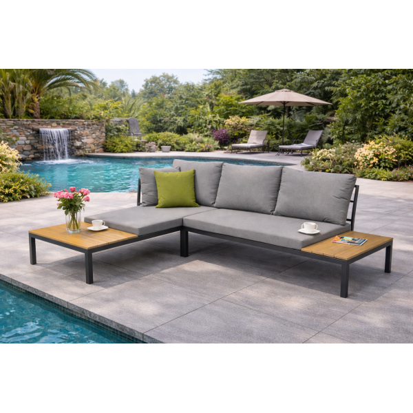 Комплект садових меблів LAGOS (кутовий диван + столик) зі сталі, з подушками, Сірий (Польща)