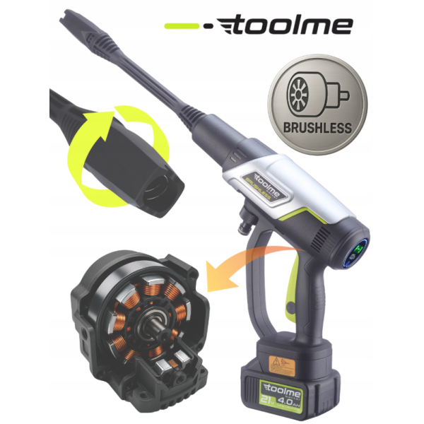 Акумуляторна мийка високого тиску Toolme TM280 PRO BRUSHLESS 450 Вт з алюмінієвою помпою, 2 АКБ 21В, піногенератор (Польща)
