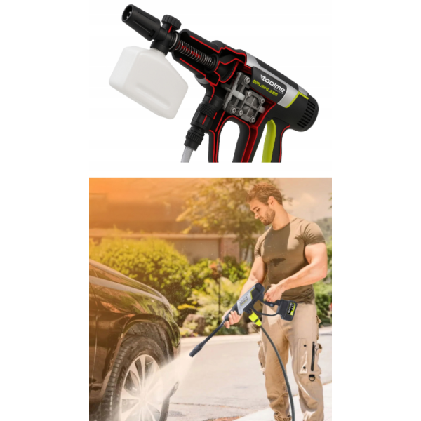 Акумуляторна мийка високого тиску Toolme TM280 PRO BRUSHLESS 450 Вт з алюмінієвою помпою, 2 АКБ 21В, піногенератор (Польща)