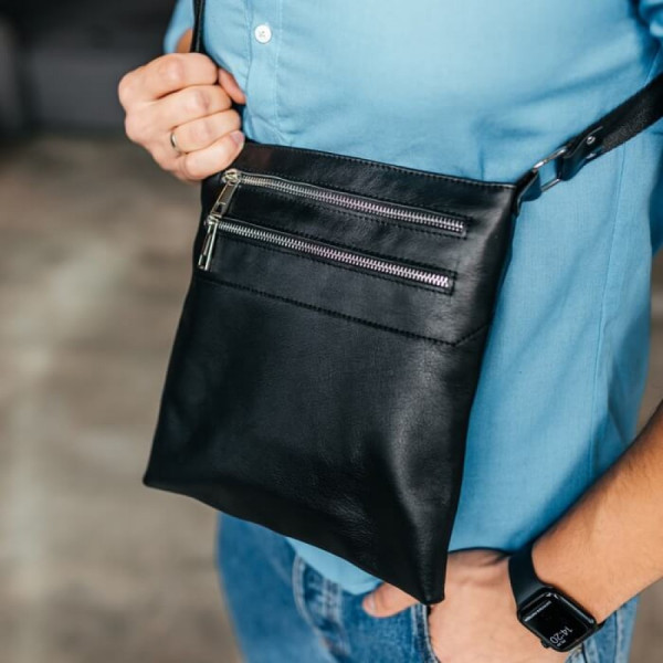 Чоловіча шкіряна сумка через плече чорна Double Up