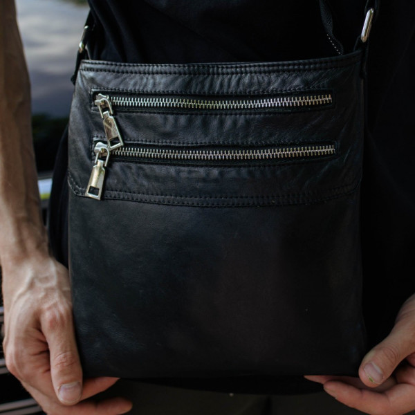 Чоловіча шкіряна сумка через плече чорна Double Up