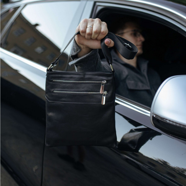 Чоловіча шкіряна сумка через плече чорна Double Up