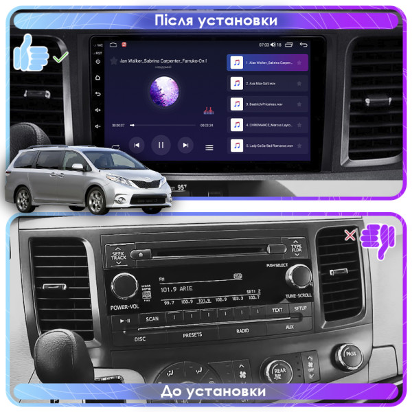 Штатная магнитола Lesko для Toyota Sienna III 2010-2014 экран 9" 2/32Gb 4G Wi-Fi GPS Top