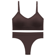 Бесшовный комплект женского белья в текстуре косичка трусы и топ 6608# Коричневый L