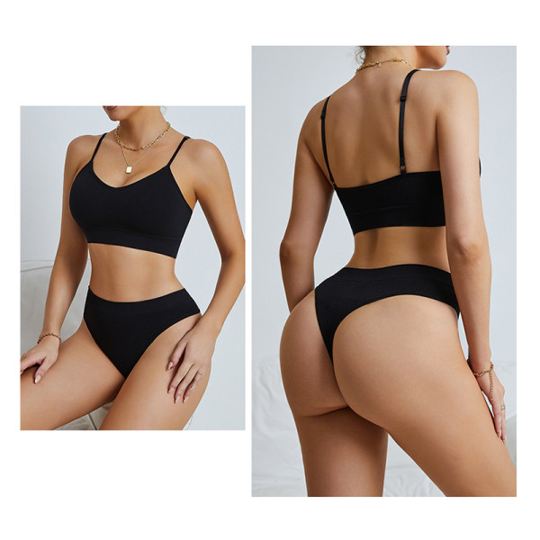 Бесшовный комплект женского белья в текстуре косичка трусы и топ 6608# Черный L