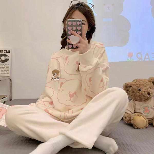 Комплект женской пижамы 301 Bear Pink рубашка с длинным рукавом и штанами теплая M