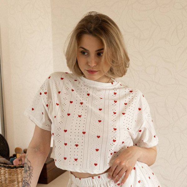 Женский комплект для дома и сна SM24107AYH футболка и шорты женская пижама белая с красными сердечками S